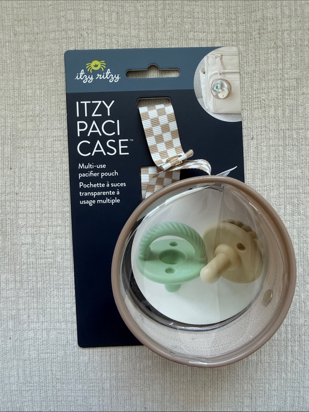 Itzy Ritzy Pacifier Case in Taupe with Clear Window and Check Strap